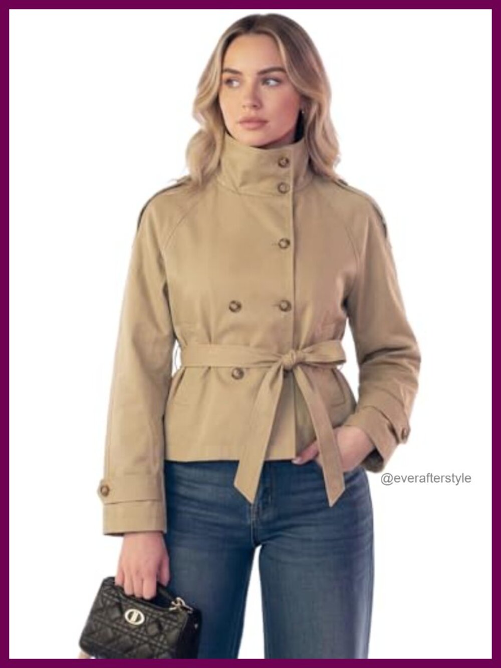 Funnel Neck Crop Trench Coat Double Breasted Lightweight Belted Jacket